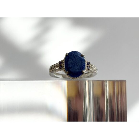 Lapis Lazuli Oval Cut Ornate Cutout Sterling Silver Vintage Ring - sz 4.75 - Picture 2 of 10